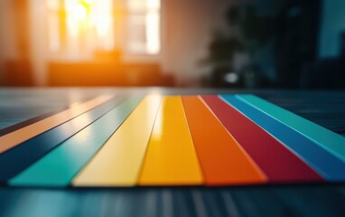 Flashcards on a table, with a room and light, colorful in a learning moment