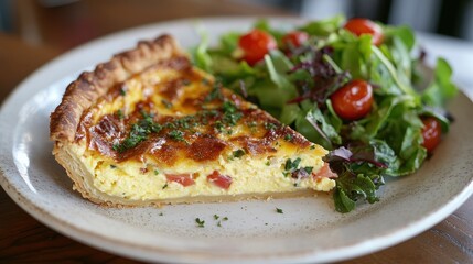 A golden halo of buttery flakiness encircles a round white plate, revealing a slice of quiche, its creamy egg filling glistening like jewels. Adjacent to it, a vibrant salad of mixed greens and plump