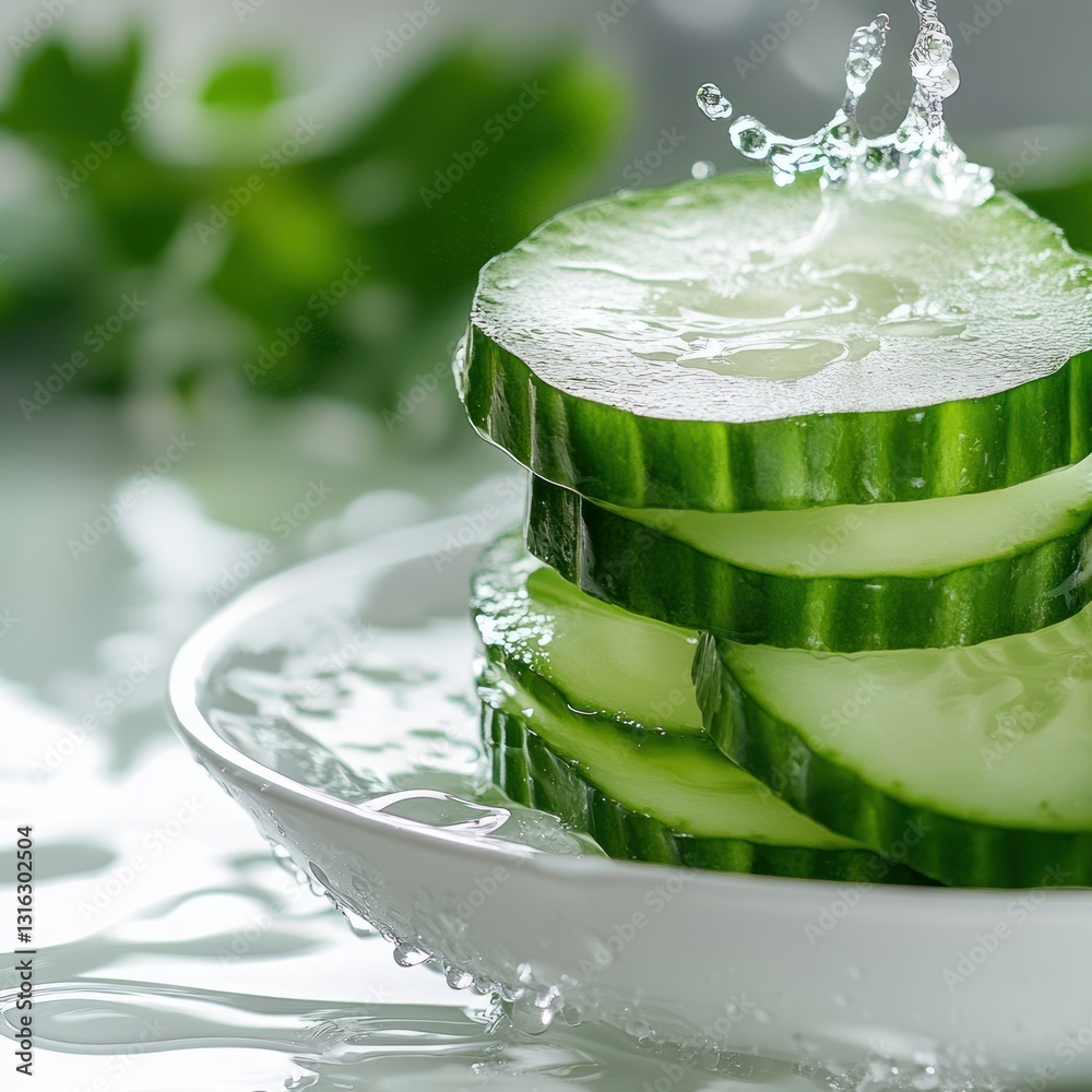 Aufkleber Fresh stack of organic cucumber slices on plate getting splashed with water in a light airy scene