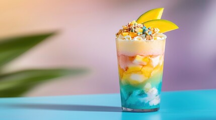Colorful layered mango smoothie dessert with tropical fruit toppings on a blue table sunshine background