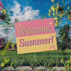 "Colorful 'Welcome, Summer!' Sign Against Blue Sky and Lush Green Field"