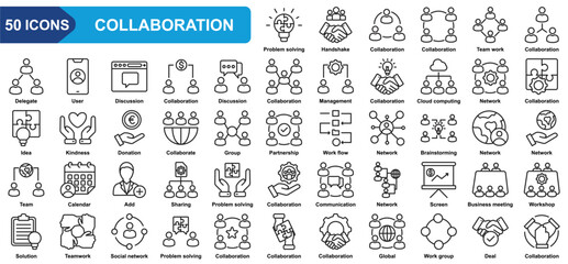 Collaboration collection icon set. Problem solving, Handshake, Team work, Delegate, User, Discussion, Management, Network. Simple line vector.