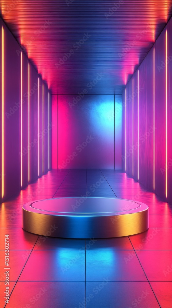 Poster a striking hall is adorned with vivid hues of blue and pink, where glowing vertical lights create a 