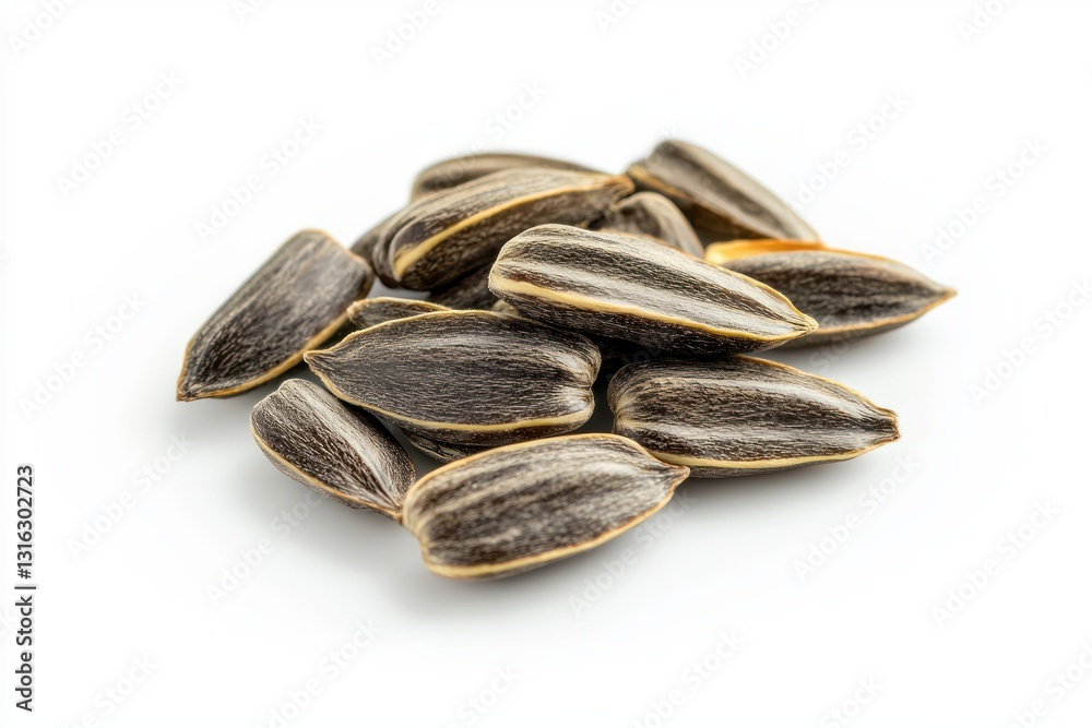 Poster heap of natural shelled sunflower seeds on white background displaying food source and texture macro