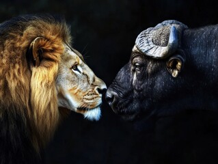 Majestic Lion and Powerful Buffalo Face-Off in the Wilderness