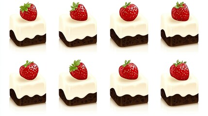 Eight Decadent Chocolate Brownie Squares Topped With Fresh Strawberries and Cream on a White Background