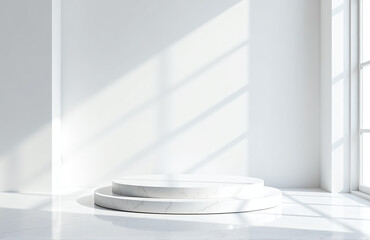 Fototapeta premium Minimalistic White Background Featuring A White Room With Marble Table, Podium, And Flooring, Surrounded By Natural Sunlight And A White Wall.