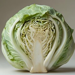 Obraz premium On a white background, a fresh cauliflower head is depicted with its green leaves intact