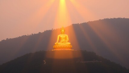 Golden Buddha Statue at Sunset, Mountaintop Serenity