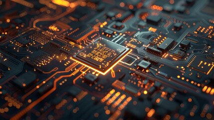 Fototapeta premium Detailed Illuminated Circuit Board with Glowing Central Processor Highlighting Complexity and Interconnected Nature