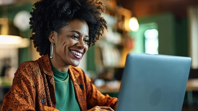 L&auml;chelnde Gesch&auml;ftsfrau arbeitet an Laptop digital