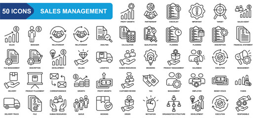 Sales management collection icon set. Profit growth, Partnership, Target, Manager, analysis, planning, Logistics. Simple Line vector.