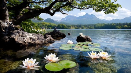 Fototapeta premium Serene water lily pond scenic mountains nature photography tranquil environment close-up view