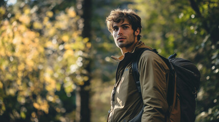 portrait of a young man in a forest, young hiker, young man standing in the woods, outdoor camping, mountain climbing