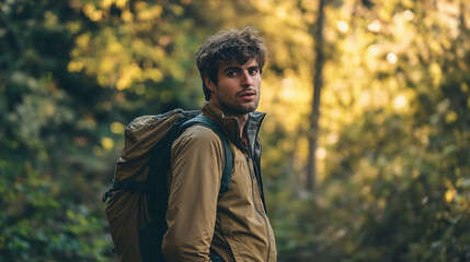portrait of a young man in a forest, young hiker, young man standing in the woods, outdoor camping, mountain climbing