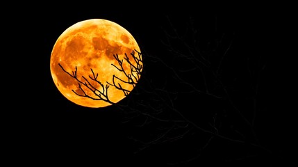 Fiery Harvest Moon Rising Behind Silhouetted Branches at Night AI Generated
