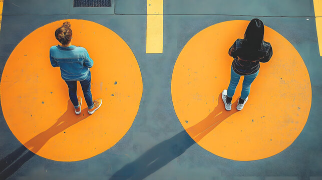 Personal space, boundary and social distancing concept illustration. Two people standing inside orange circles painted on the street.