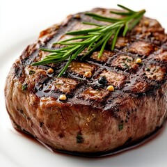 The picture shows a delectable grilled steak with precise diamond grill marks, highlighting its red and juicy center, isolated on a white backdrop