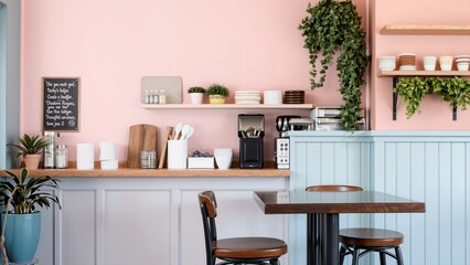 Pastel Pink and Blue Cafe Interior with Wooden Table and Counter