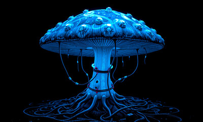 A futuristic mushroom infused with neon lights and cybernetic enhancements glowing in an electric blue hue