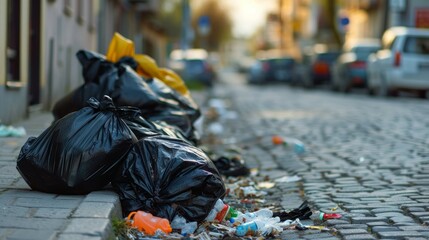 Garbage bags overflowing street-side trash bin.