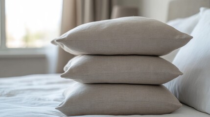 Stack of Three Beige Textured Pillows on a Bed