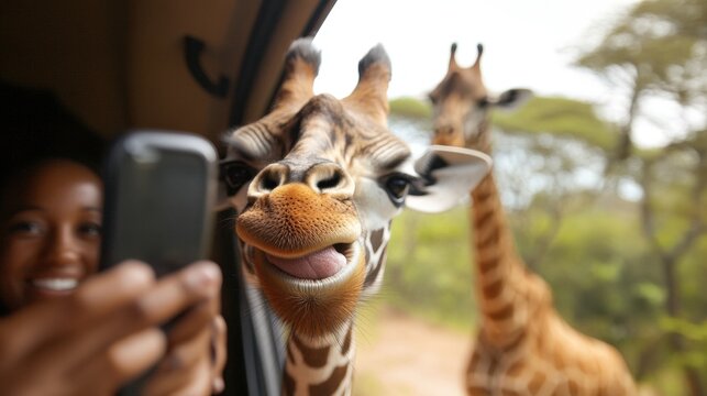 Giraffe Up Close with Visitor Inside Vehicle at Wildlife Park