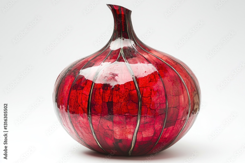 Poster elegant hand blown glass vase with ruby red hues and unique crackled texture on a white backdrop
