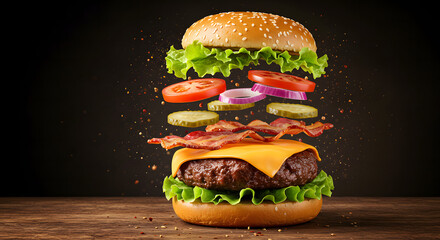 "A dynamic, deconstructed cheeseburger with ingredients exploding in mid-air. The burger features a juicy beef patty with melted cheddar cheese, crispy bacon strips, fresh lettuce, sliced tomatoes, re