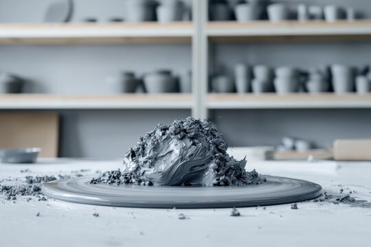 Gray clay lump on a pottery wheel, in a studio with dim light and shelves of finished pots, wet and malleable in a sculpting moment
