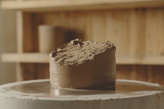 Gray clay lump on a pottery wheel, in a studio with dim light and shelves of finished pots, wet and malleable in a sculpting moment