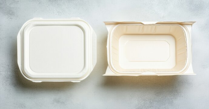 Biodegradable takeout container next to traditional styrofoam box bright white and neutral tones symbolizing eco conscious food packaging choices
