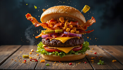 "A dynamic, deconstructed cheeseburger with ingredients exploding in mid-air. The burger features a juicy beef patty with melted cheddar cheese, crispy bacon strips, fresh lettuce, sliced tomatoes, re