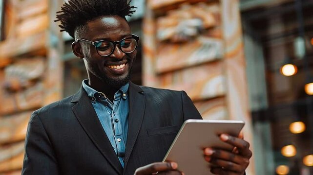 Gl&uuml;cklicher Gesch&auml;ftsmann mit Tablet im Lagerhaus