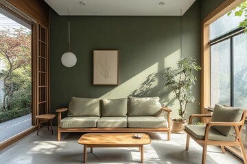 Fototapeta premium Charming Living Room With Olive Green Walls Inviting Natural Light and Comfort. Generative AI