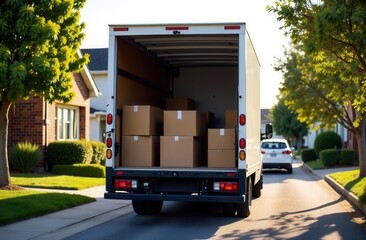 Open moving truck on suburban street with cardboard boxes in cargo area