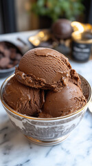 Ice cream with caramel drizzle, portrait-style photo for Instagram