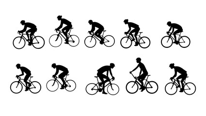 Fototapeta premium Silhouette of a man riding bicycle team, bike, bicycle, sport, silhouette, cycling, cyclist, vector, cycle, biker, people, mountain, biking, illustration, ride, wheel, race, woman, riding, black, exer