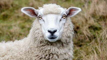 Fototapeta premium Close-Up Portrait of a Domestic Sheep with Fluffy Wool in Nature