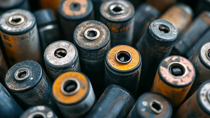 Used batteries stacked closely together create an intricate pattern of colors and textures showing wear and tear