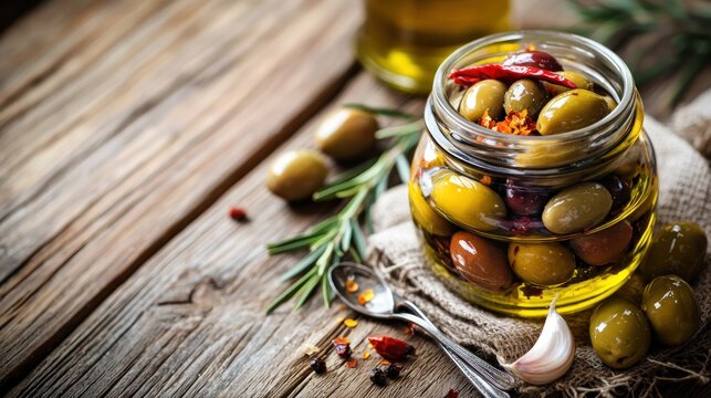 Delicious marinated olives in rustic oil with peppers and garlic on natural wood table gourmet appetizer