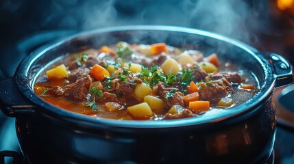 A hearty stew of tender beef simmered in a rich broth, adorned with colorful vegetables such as carrots, potatoes, and celery.