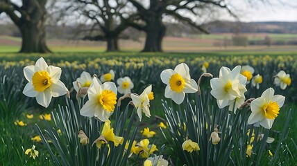 Fototapeta premium Spring meadow filled with daffodils and their bright yellow blooms swaying in the breeze