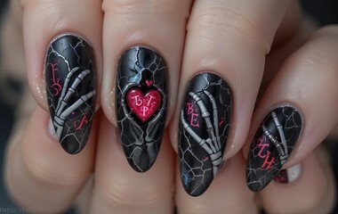 A close-up of long coffin-shaped nails with a cracked black and gray marble effect, featuring skeletal hands and glowing runes