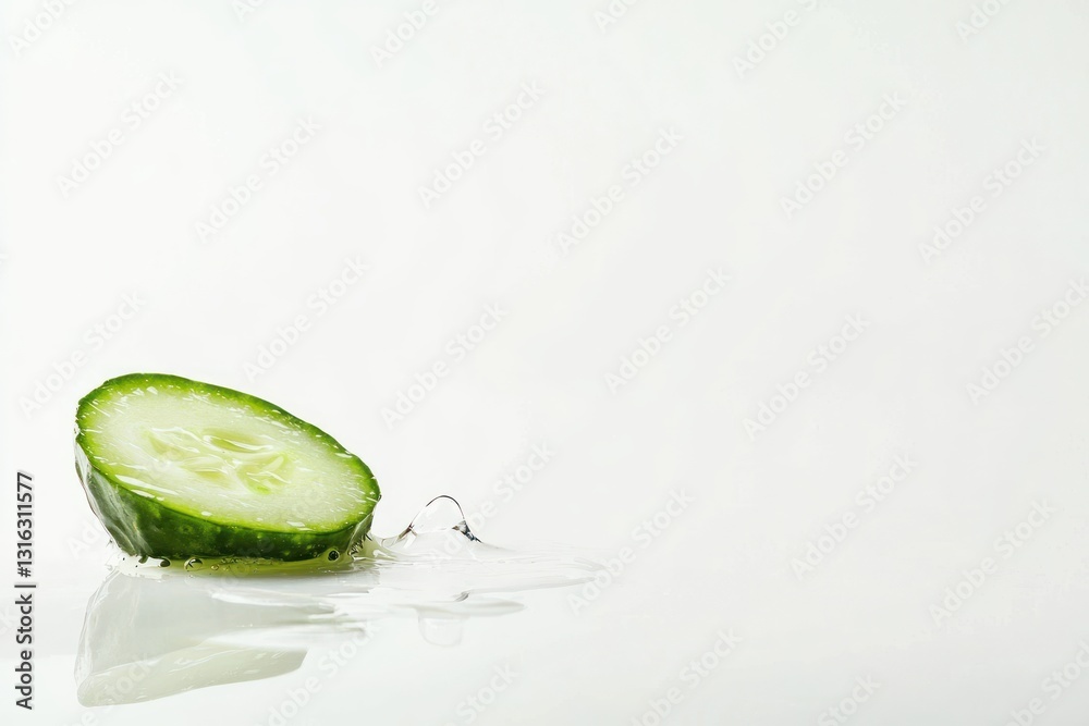 Poster Fresh cucumber slice with water droplets resting on reflective surface evokes summer refreshment