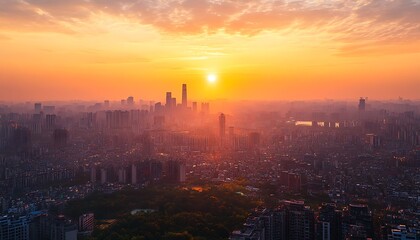 Fototapeta premium City skyline at sunset, hazy orange sky.