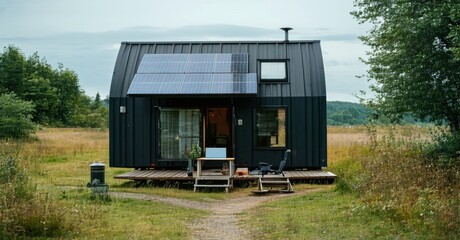 Tiny house in middle of nowhere solar panels rainwater collection laptop on table dream of digital nomad minimalism