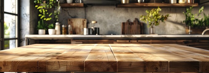 Empty Wooden Board with Interior View and Bokeh Effect in a Kitchen Still Life Setting
