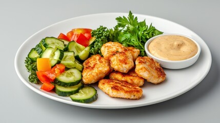 Appetizing plate presenting savory chicken nuggets served alongside fresh salad and creamy dipping sauce