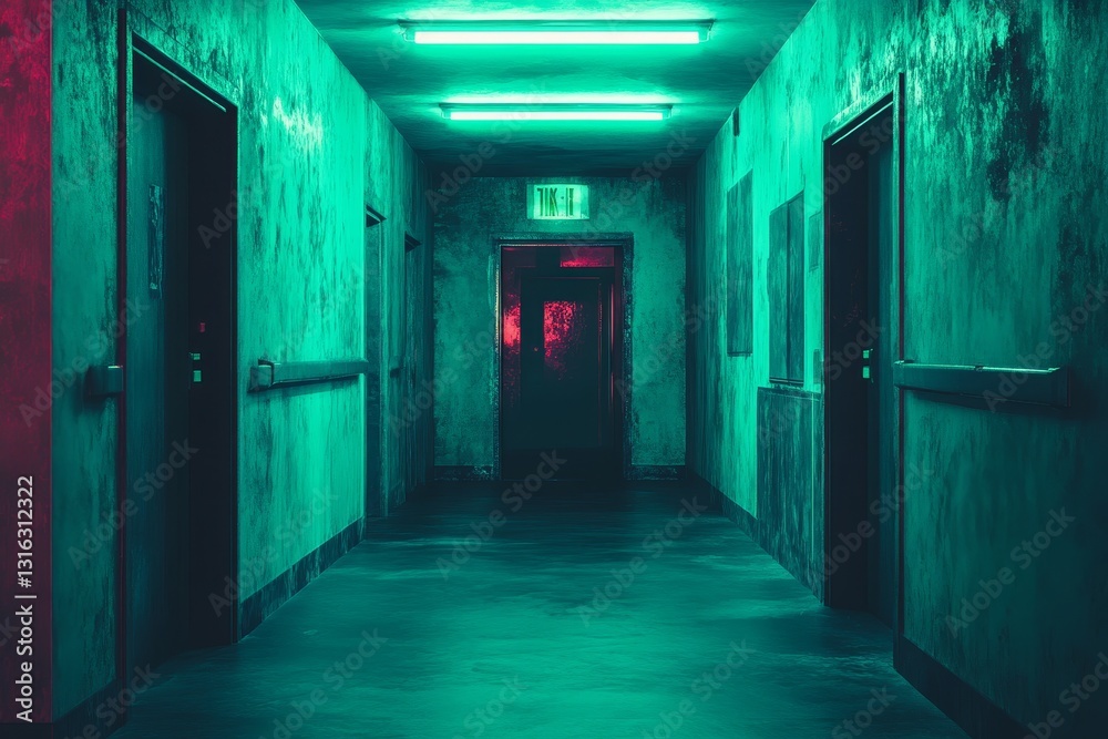 Poster a corridor from the future, characterized by green neon lights, cubes, and a hacking and coding atmo